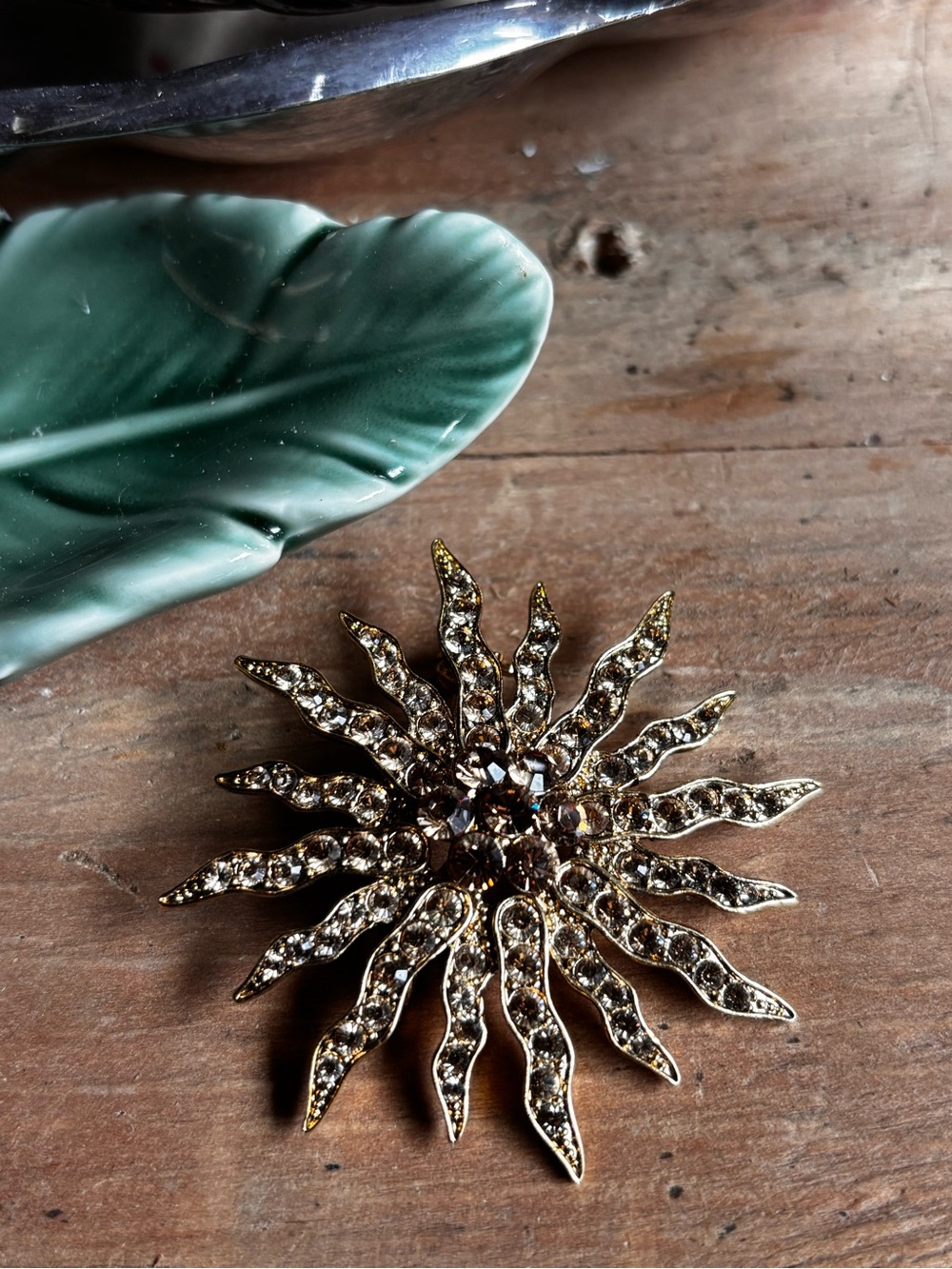 Gold Sunburst Crystal Brooch - Vintage